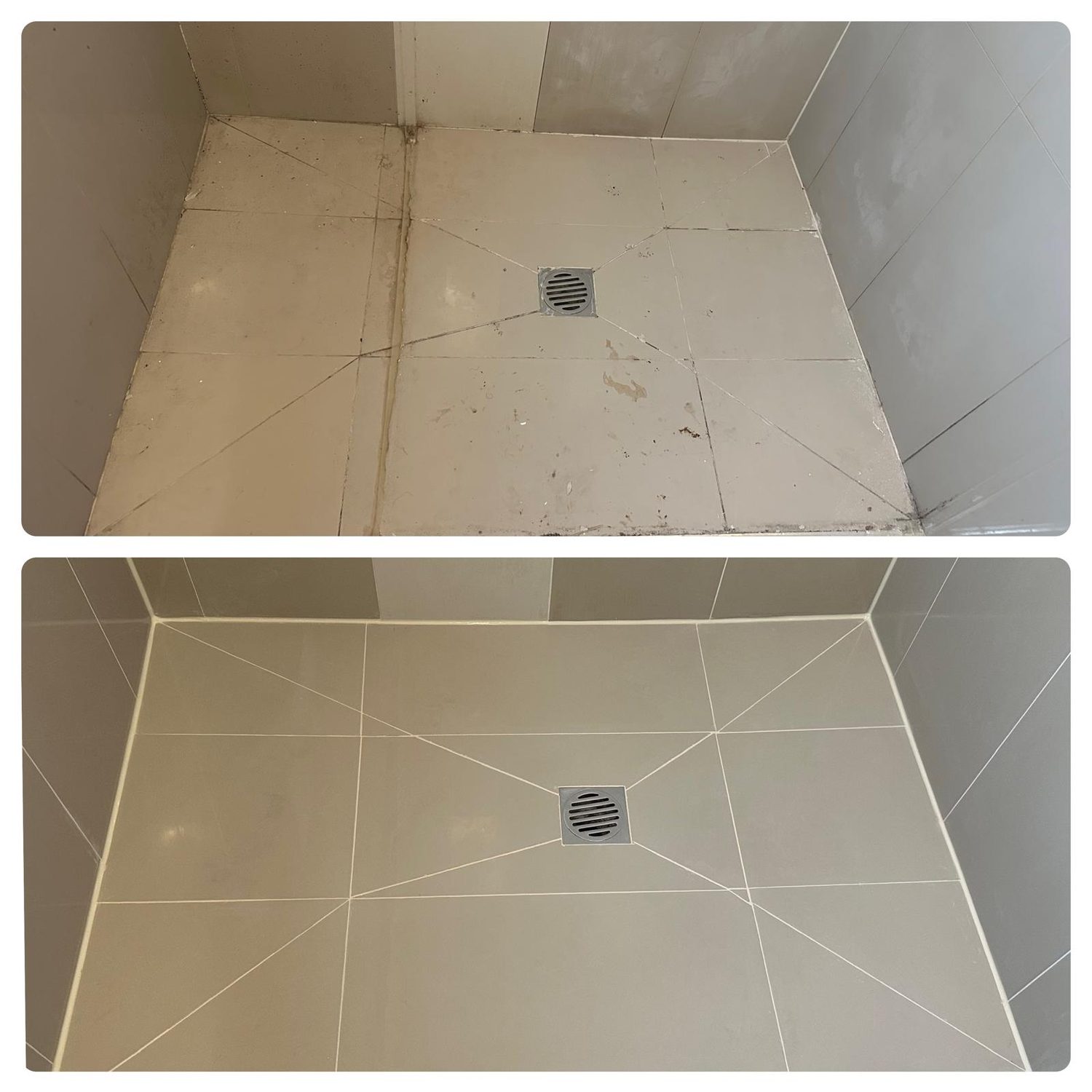 Shower floor before and after regrouting and sealing