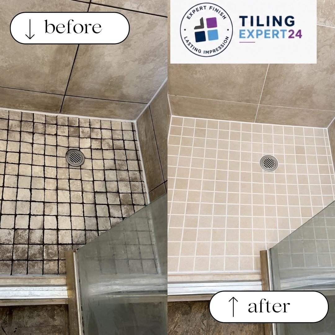 Mosaic floor grout before and after deep cleaning