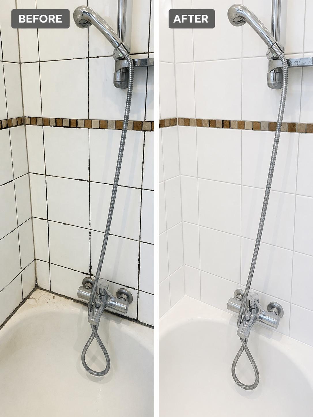Mouldy shower wall grout before and after regrouting