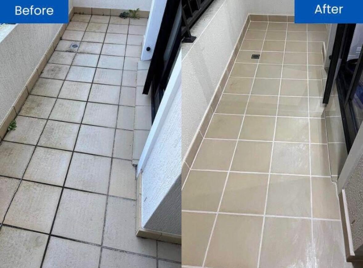 Outdoor balcony before and after — tiles cleaned and regrouted