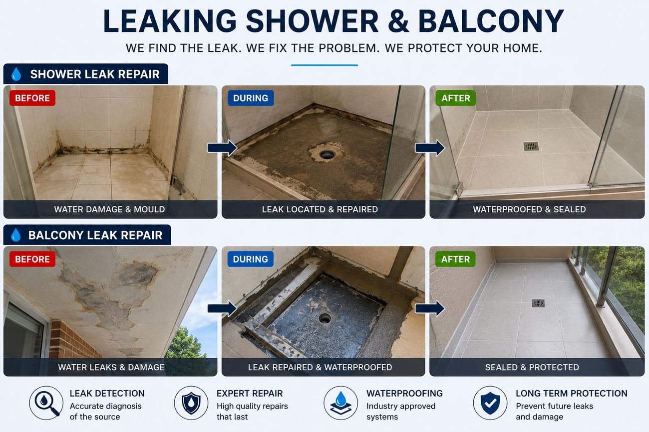 Leaking shower & balcony — leak located, repaired and waterproofed