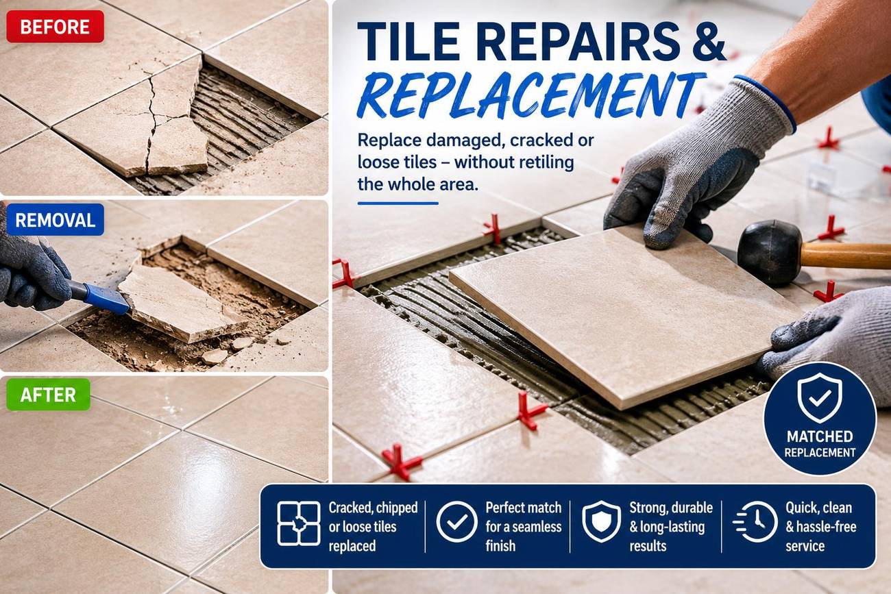 Tile repair & replacement — damaged tiles replaced and matched